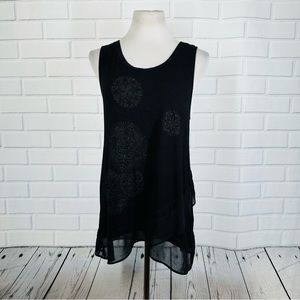 Desigual Black Geometric Print Ruffle Hem Tank - Size Large